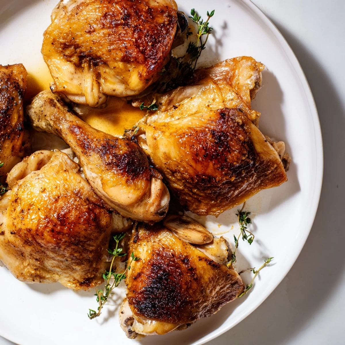 A beautifully browned Spiced Apple Cider Roasted Chicken, ready to serve with fragrant herbs.