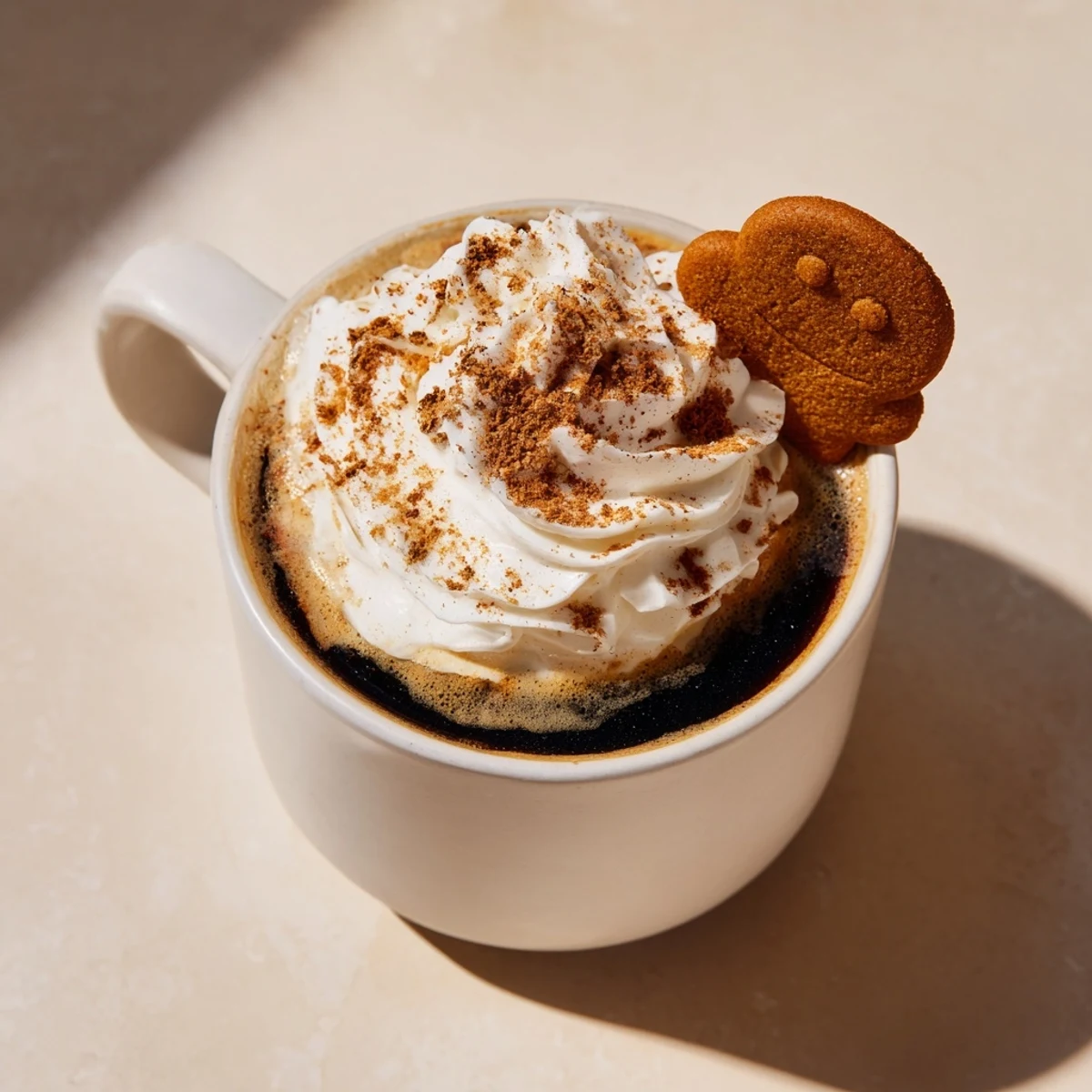 Steaming mug of Gingerbread Spiced Latte topped with whipped cream and cinnamon, invitingly delicious.