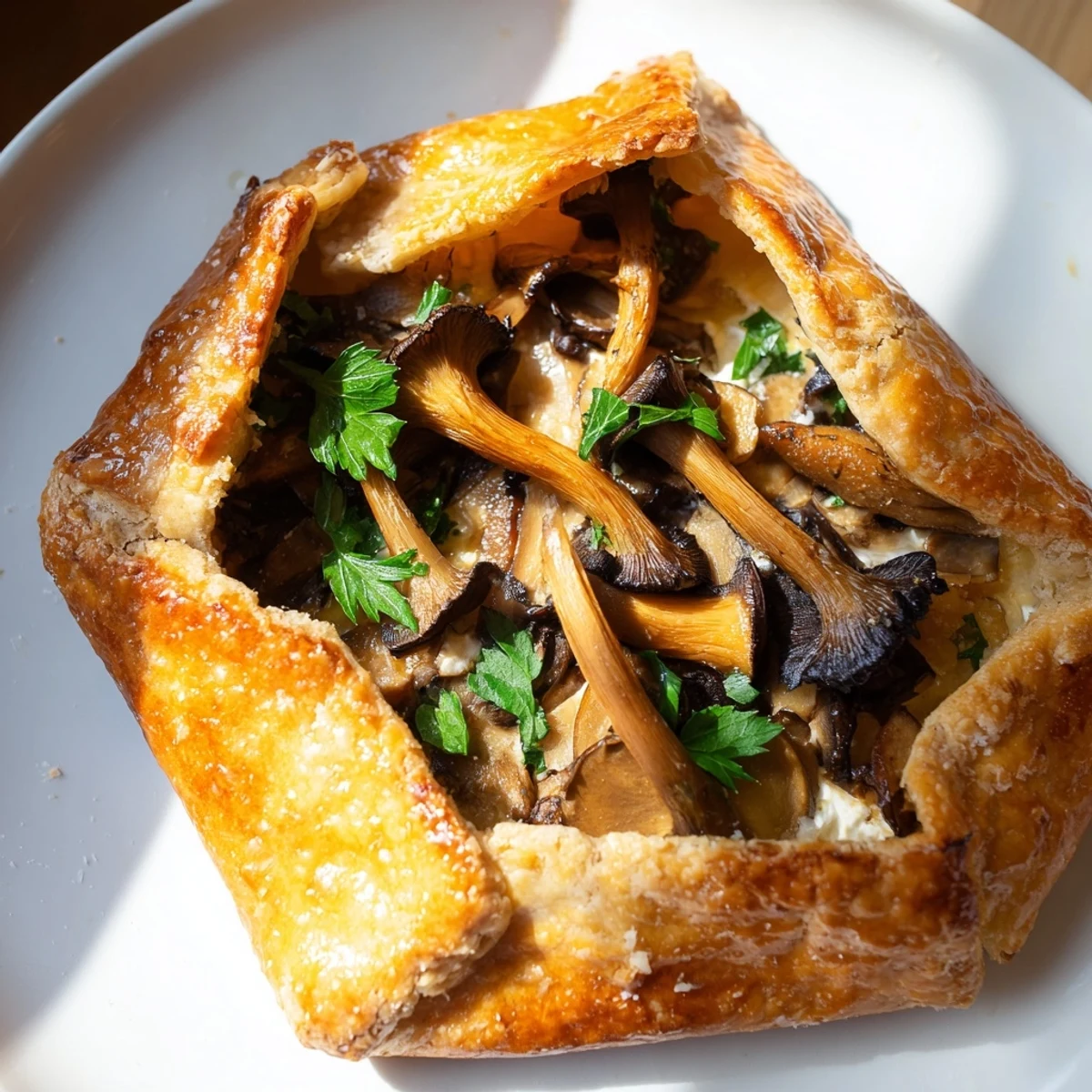 Golden-brown Savory Mushroom Galette sliced, revealing a creamy mushroom filling, ready to serve and enjoy.