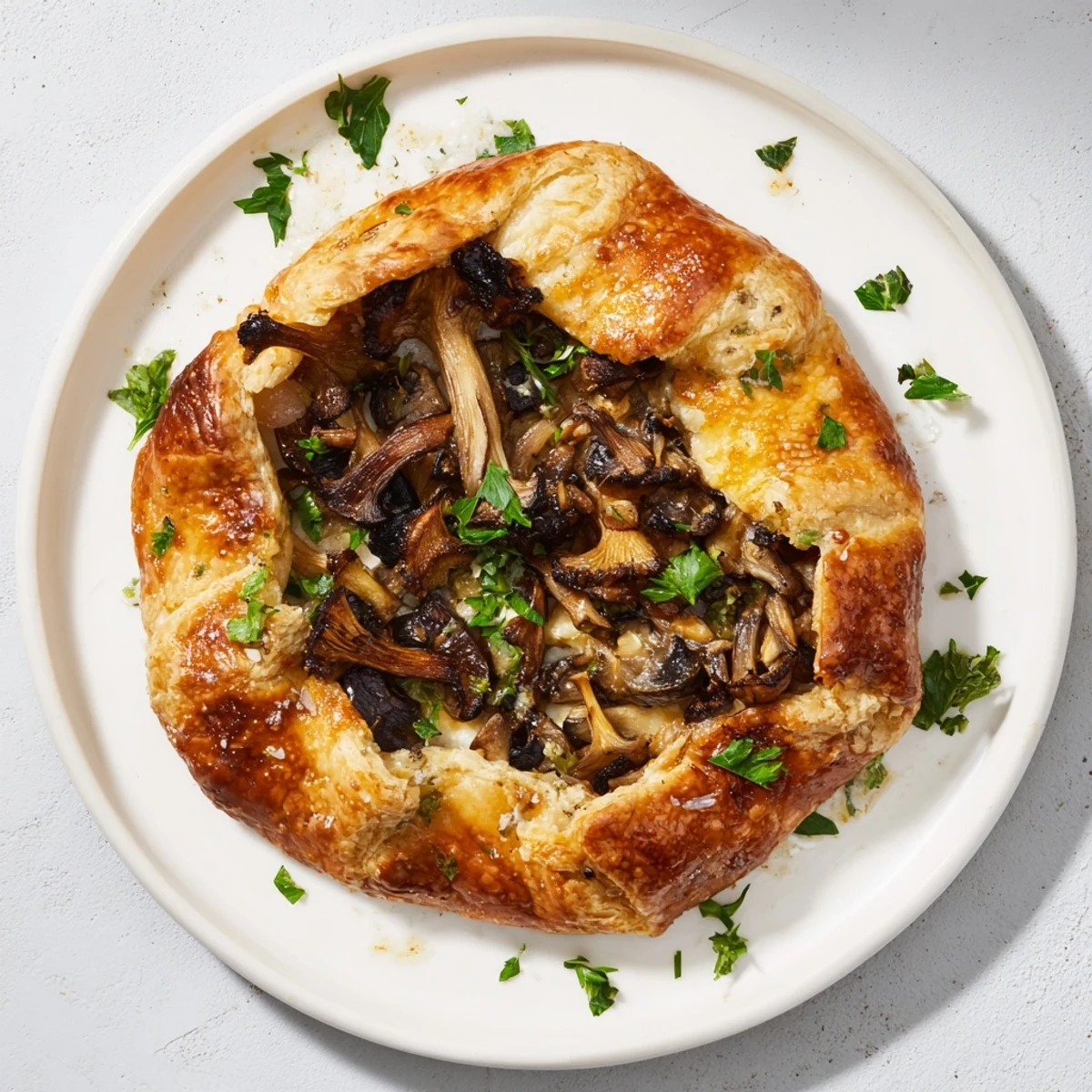 Freshly baked Savory Mushroom Galette, showcasing a beautiful golden pastry and a medley of delicious mushrooms.
