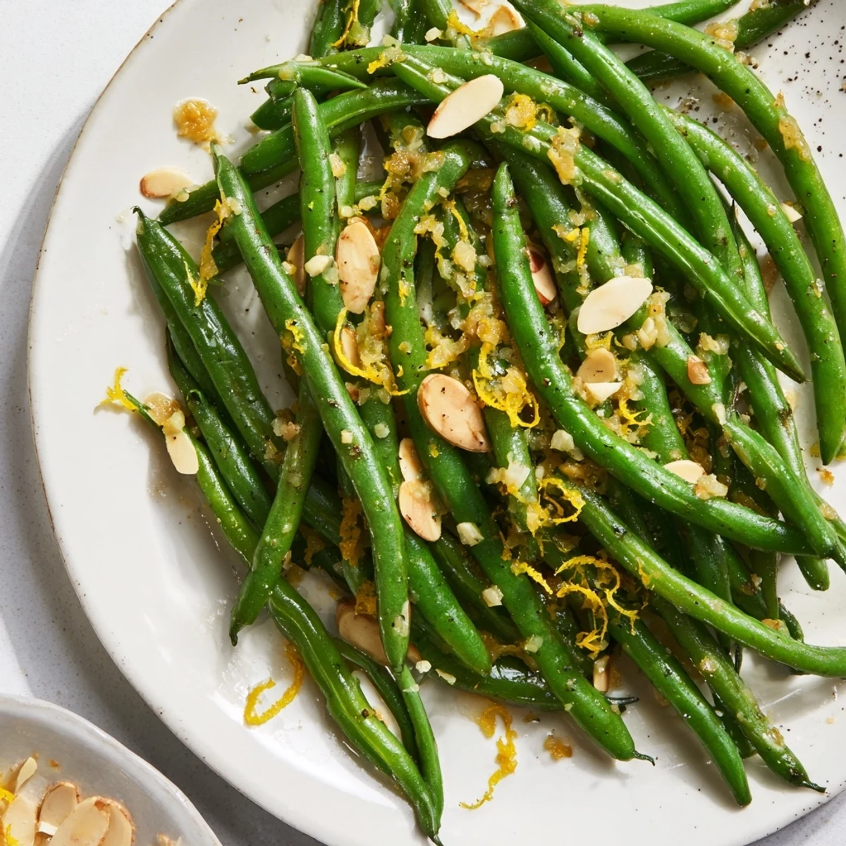 Bright, vibrant Lemon Garlic Green Beans with Almonds, ready to serve with a satisfying crunch.