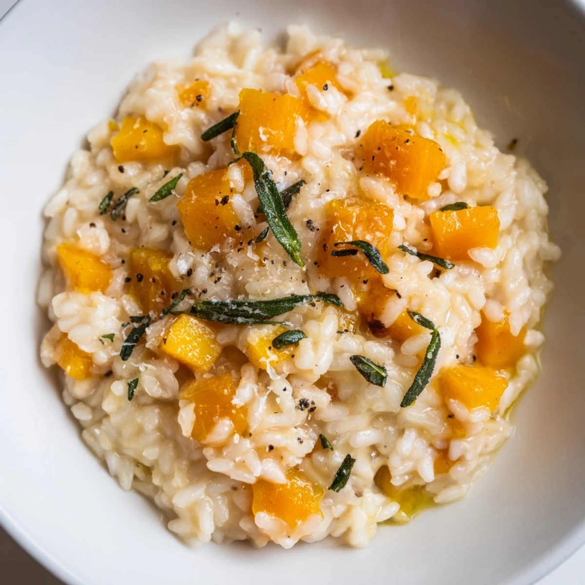 Steaming bowl of Winter Squash Risotto, showcasing the vibrant squash color and herb garnish.