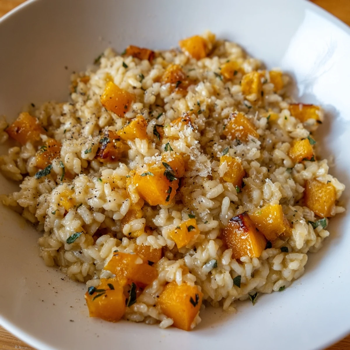 Golden-hued Winter Squash Risotto, perfectly creamy and topped with Parmesan cheese for serving.