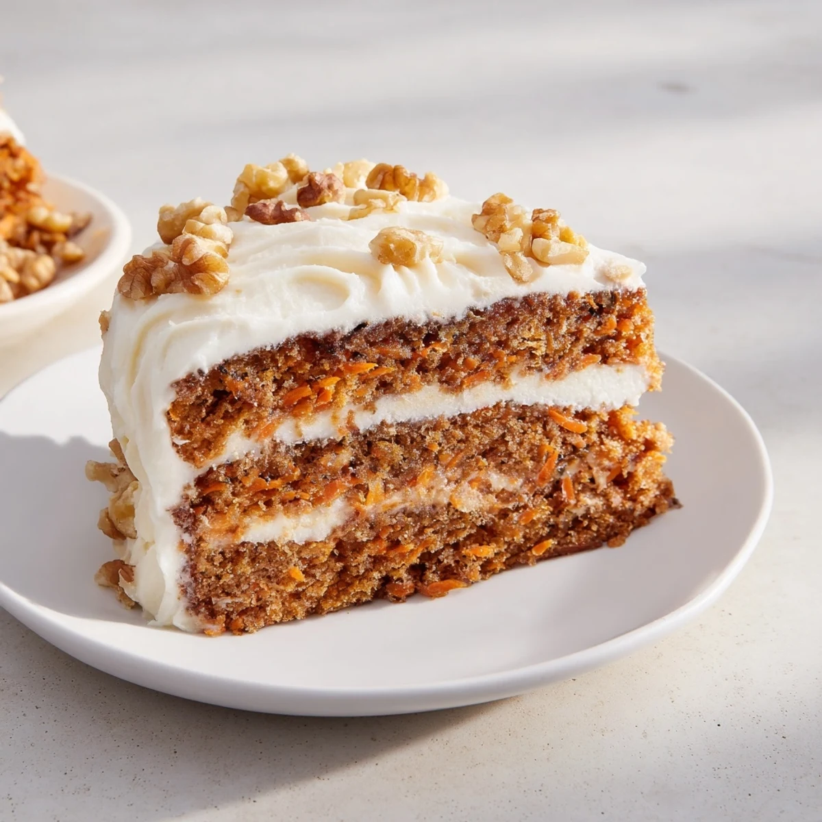 Moist Spiced Carrot Cake, layered with creamy frosting and walnuts, ready to slice and savor.