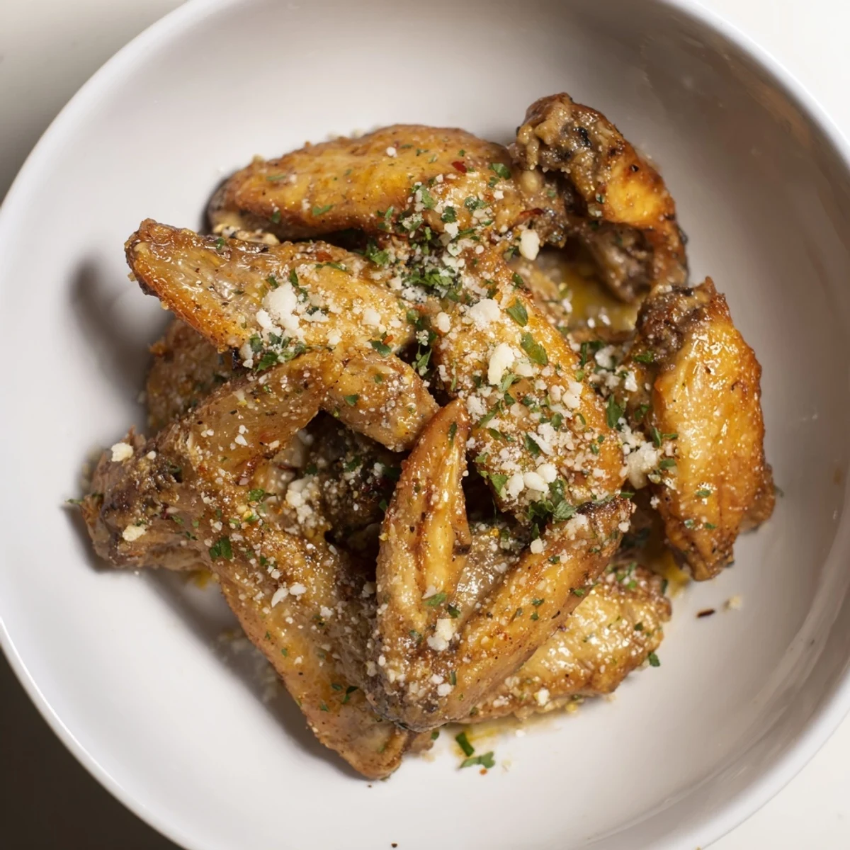 Golden, crispy Garlic Parmesan Chicken Wings, glistening with a savory garlic butter and cheese coating.