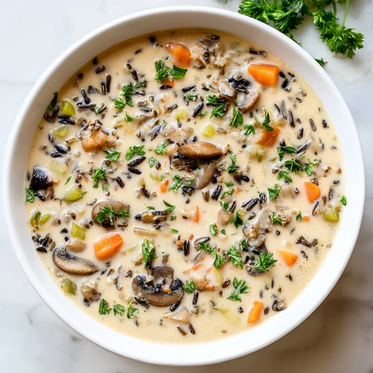 A spoonful of the savory Creamy Mushroom and Wild Rice Soup, perfect with crusty bread for dipping.