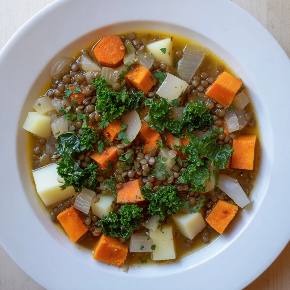 Fragrant Winter Vegetable Lentil Stew steaming in a bowl, perfect for a cozy dinner.