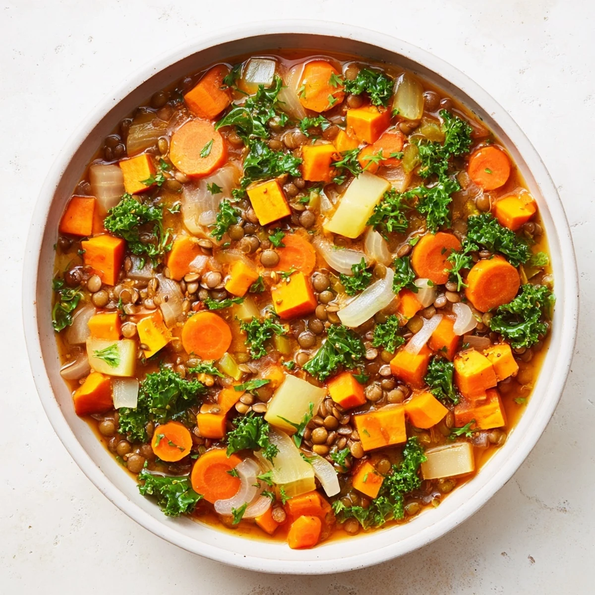 Hearty Winter Vegetable Lentil Stew, brimming with colorful vegetables and savory herbs.