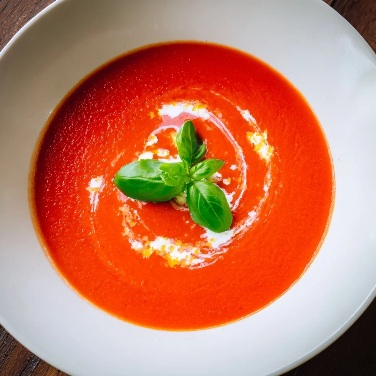 Close-up of vibrant red tomato basil soup, fragrant with herbs, perfect for dipping crusty bread.