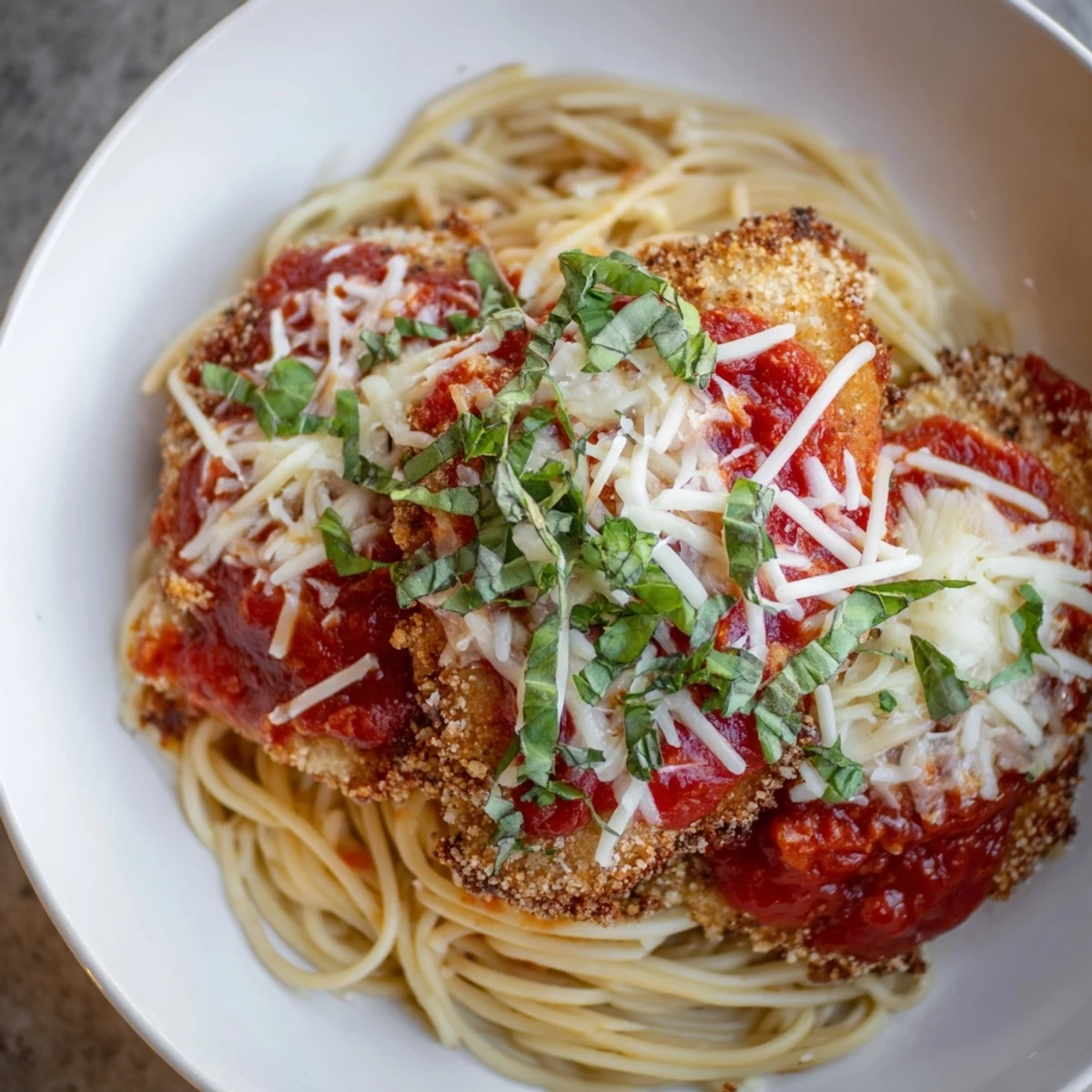 Crispy, golden Chicken Parmesan with bubbly mozzarella and marinara, ready to serve over spaghetti.