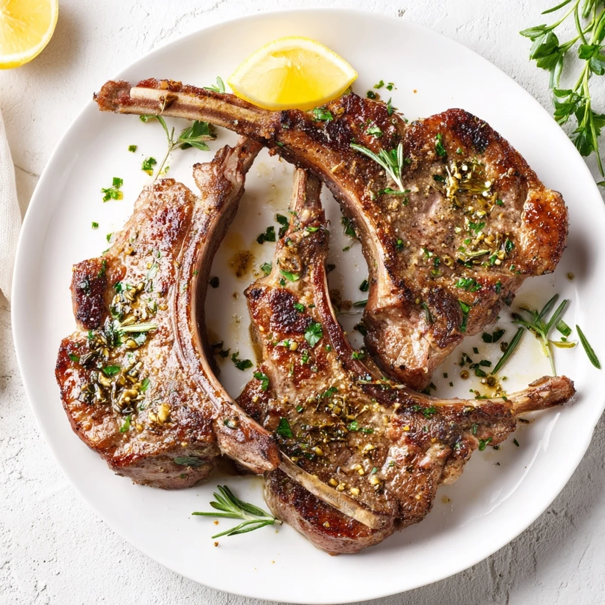 Perfectly seared lamb chops, glistening with herbs, ready to be served with bright lemon wedges.