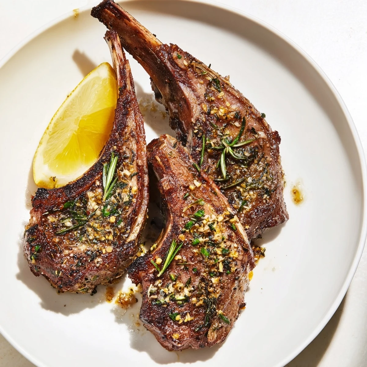Close up shot of tender lamb chops, seasoned and cooked with garlic, ideal for a gluten-free dinner.