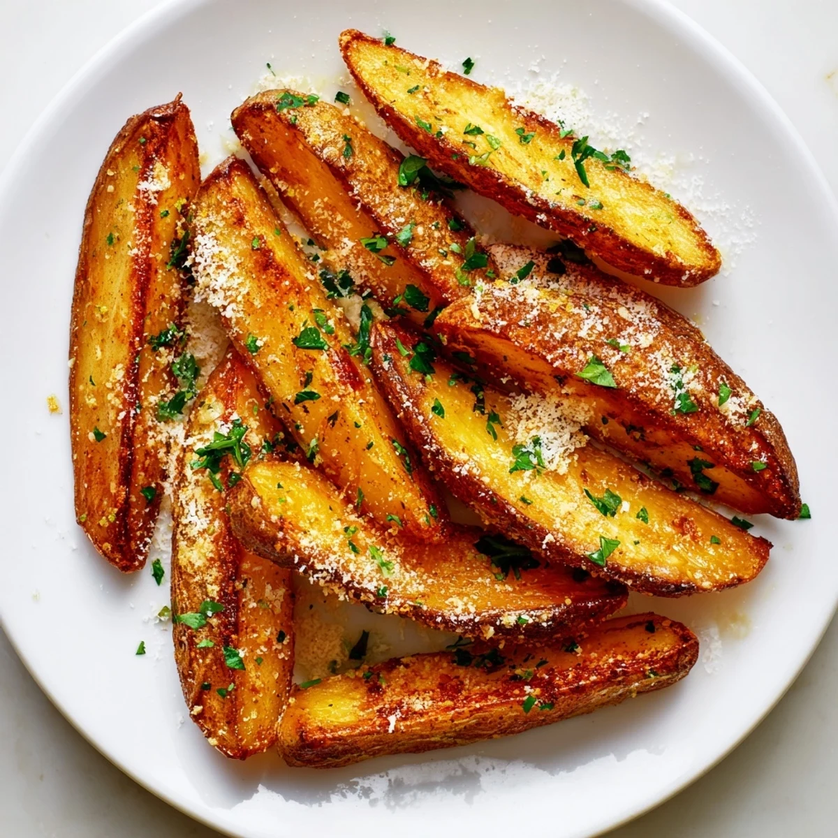 Close-up of freshly baked crispy potato wedges, seasoned with spices, ready for dipping.