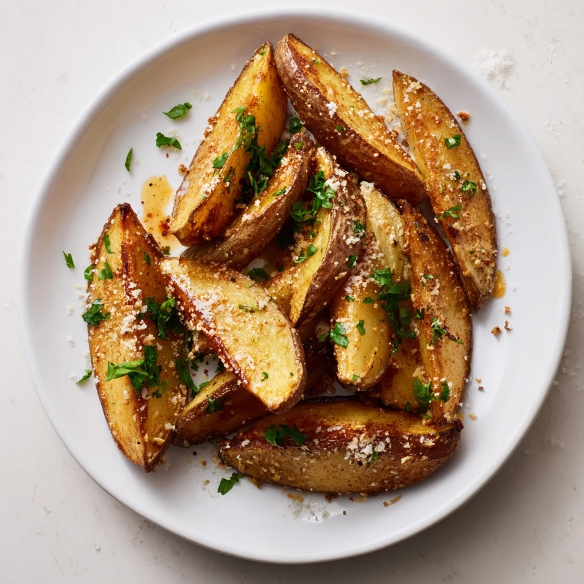 Delicious crispy baked potato wedges with a sprinkle of herbs, perfect for sharing.