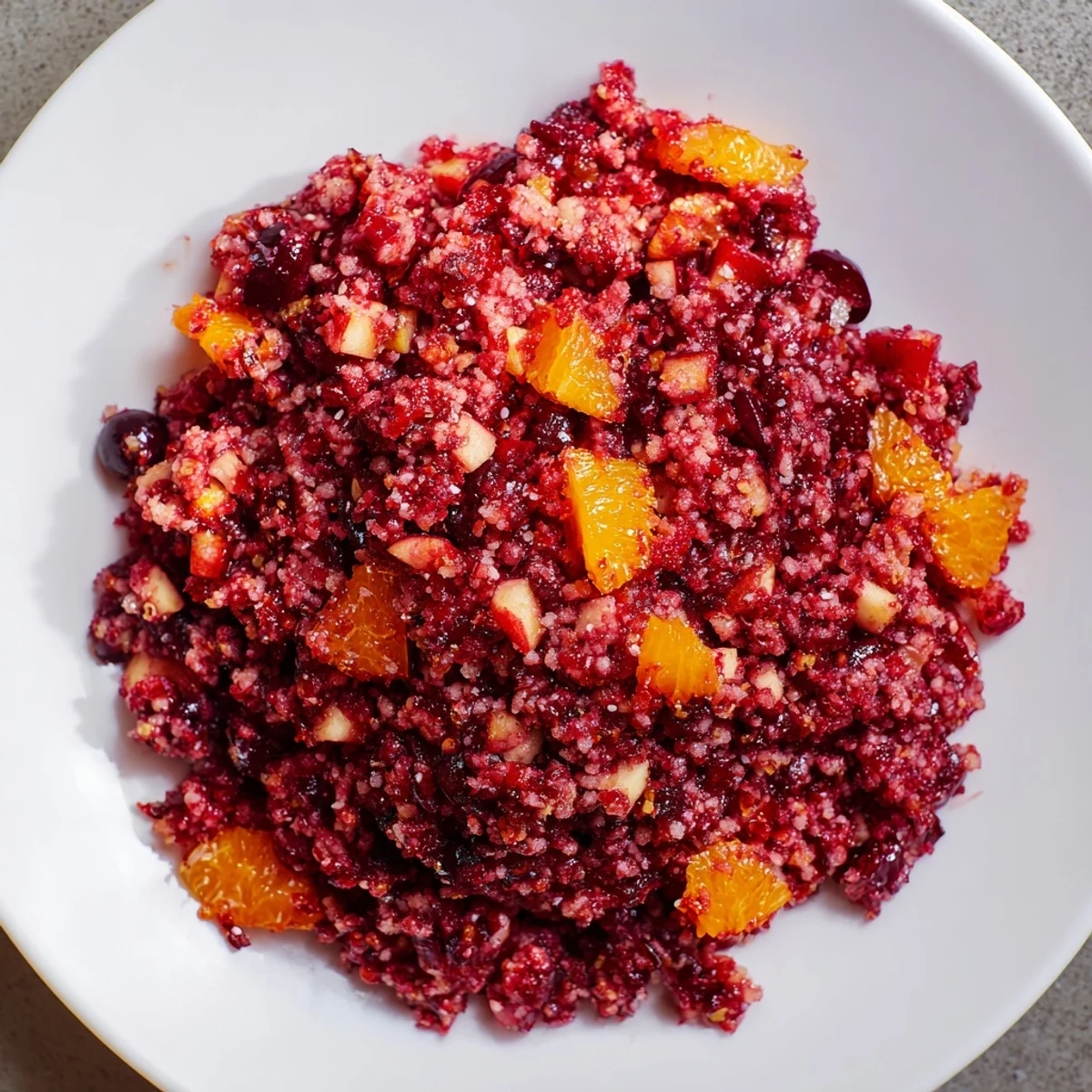 Close-up of vibrant cranberry relish, a delightful holiday condiment made with fresh ingredients.
