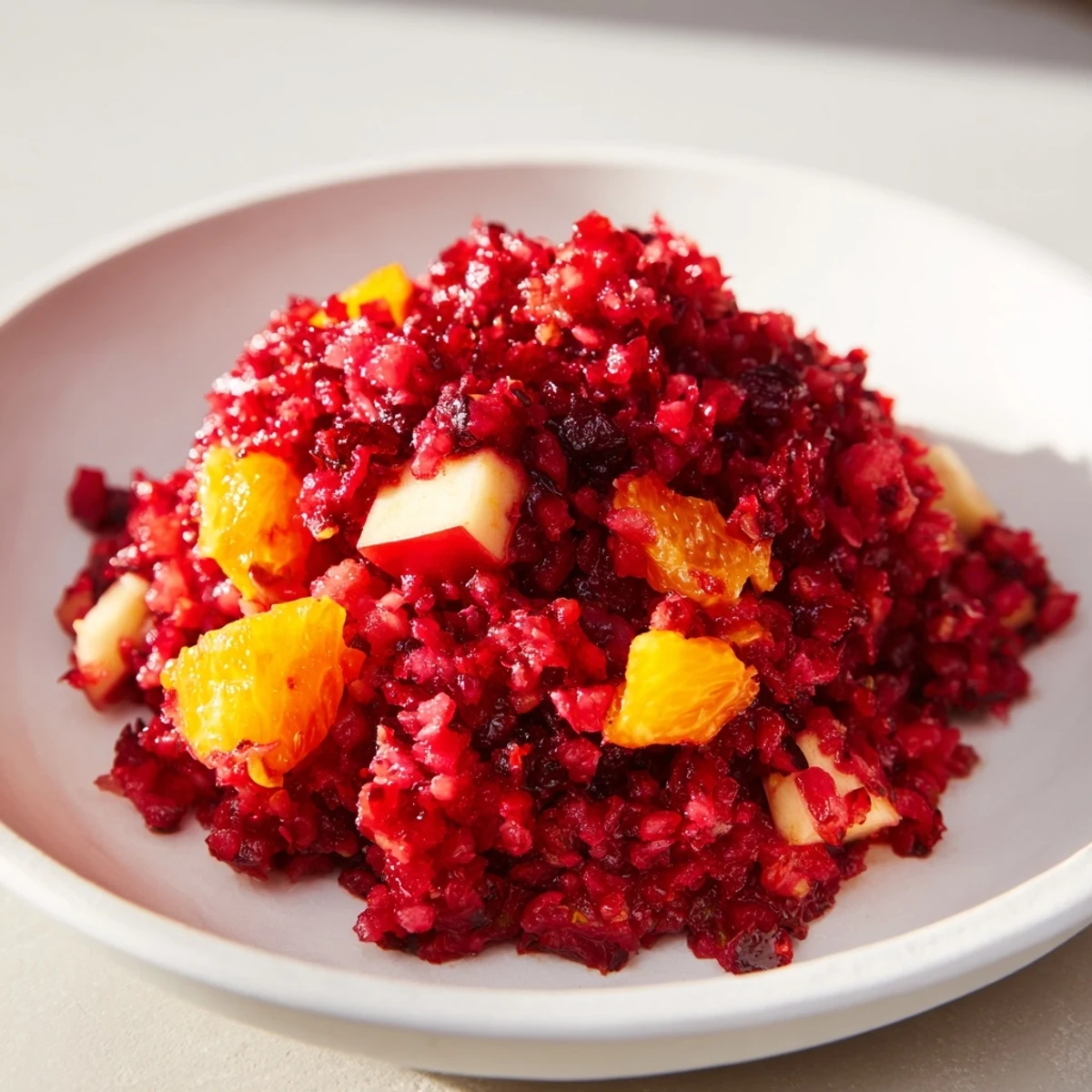 A bowl of homemade cranberry relish, showcasing the bright red color and sweet citrus notes.