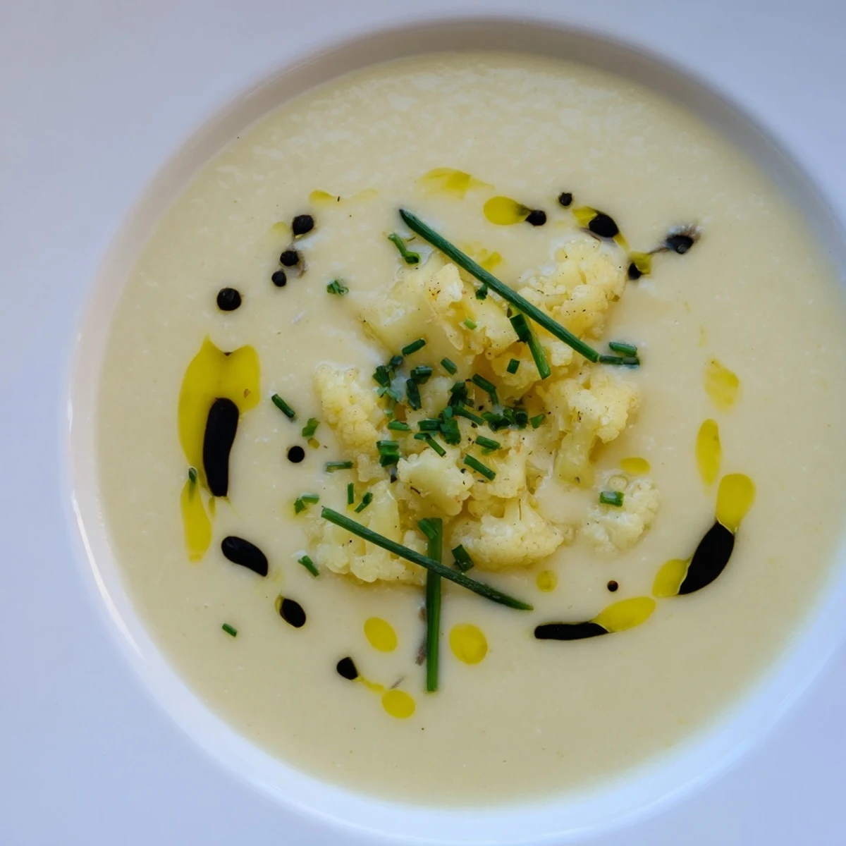 Warm, hearty bowl of creamy cauliflower and truffle soup, drizzled with truffle oil and garnished.