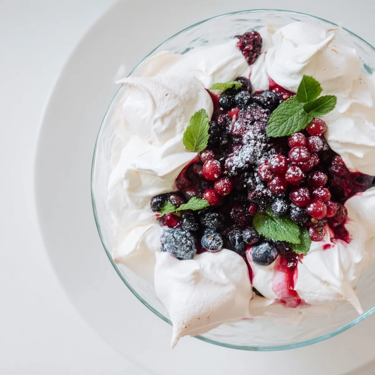 A tall glass of Winter Berry Eton Mess layered with fluffy cream and berries.