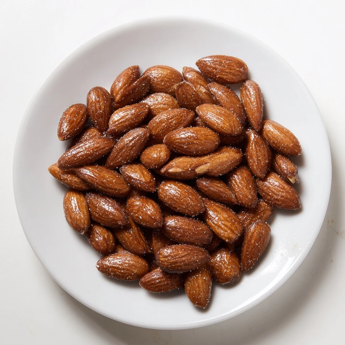 A close-up of glistening cinnamon spiced roasted almonds, smelling delicious from the oven's warmth.