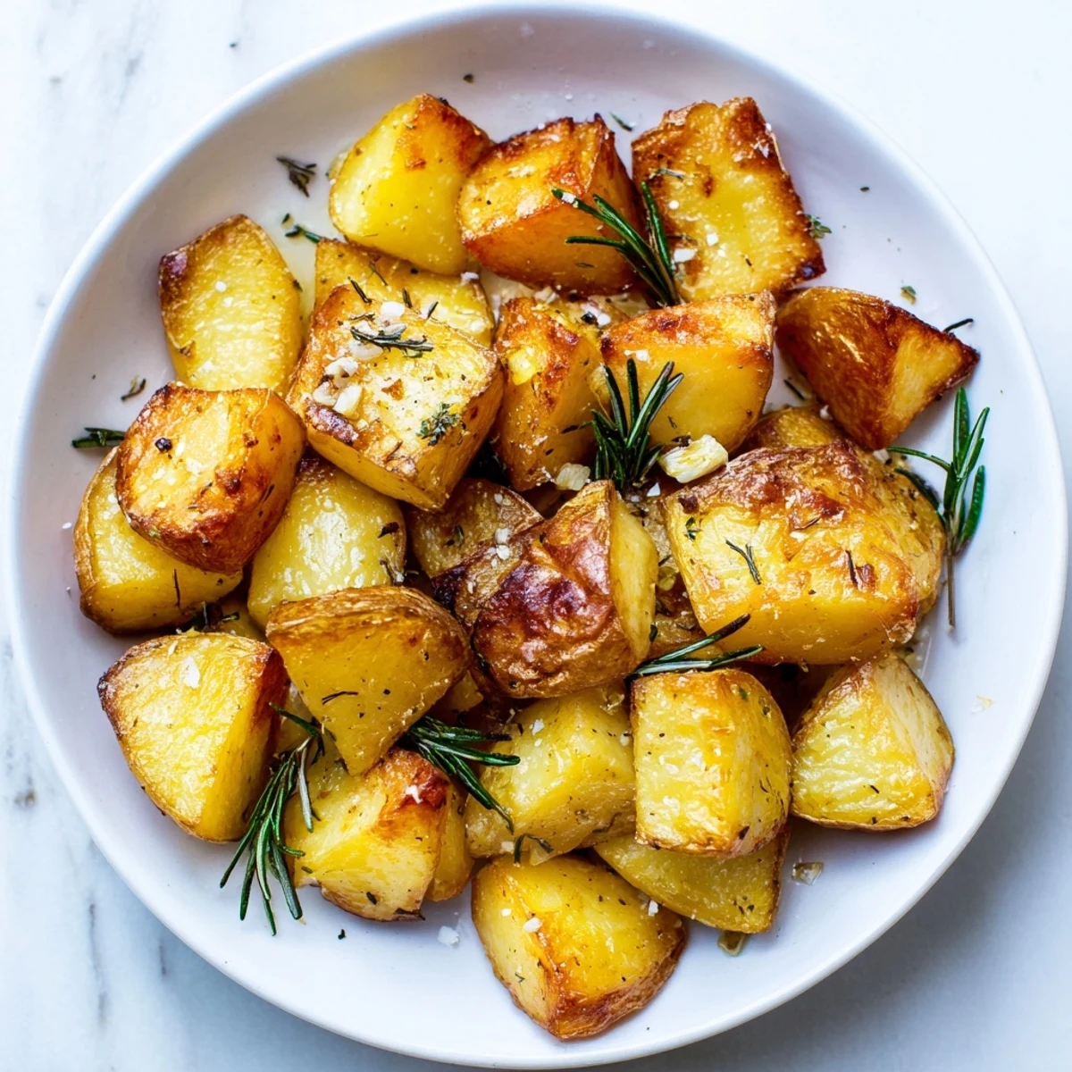 Golden roasted potatoes glistening with duck fat, crisping beautifully in the oven alongside aromatic herbs.