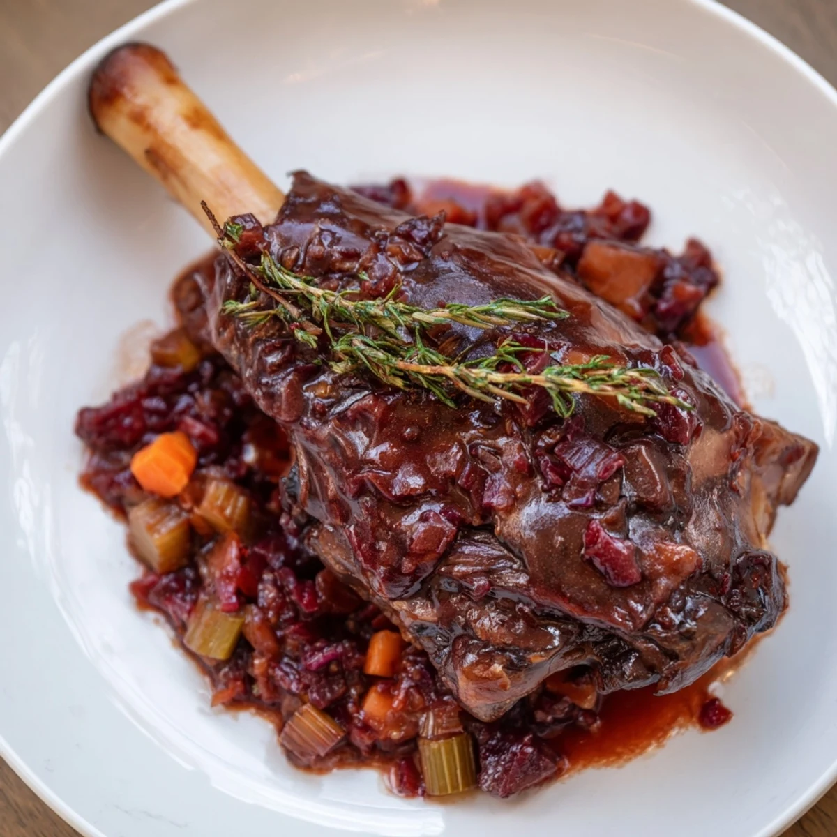 Braised Lamb Shanks with Rosemary, tender and falling off the bone, rich with savory sauce.