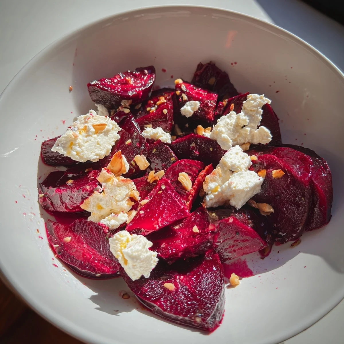 A close-up of a rustic, colorful Roasted Beetroot and Walnut Salad served on a white plate.