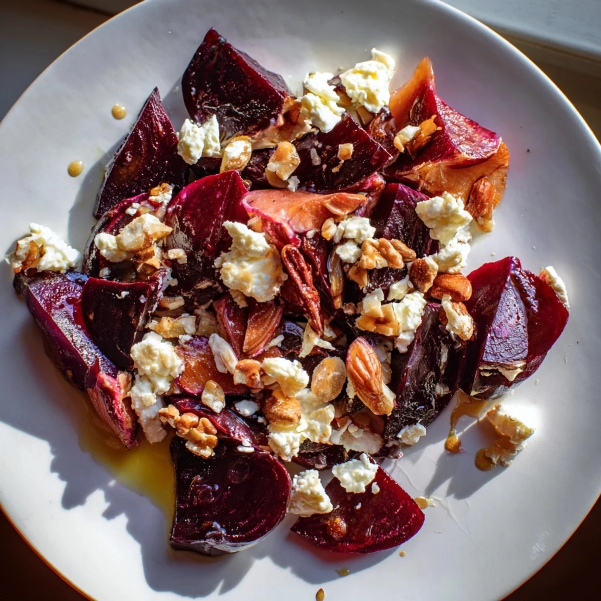Vibrant Roasted Beetroot and Walnut Salad with goat cheese, ready to be drizzled with vinaigrette.