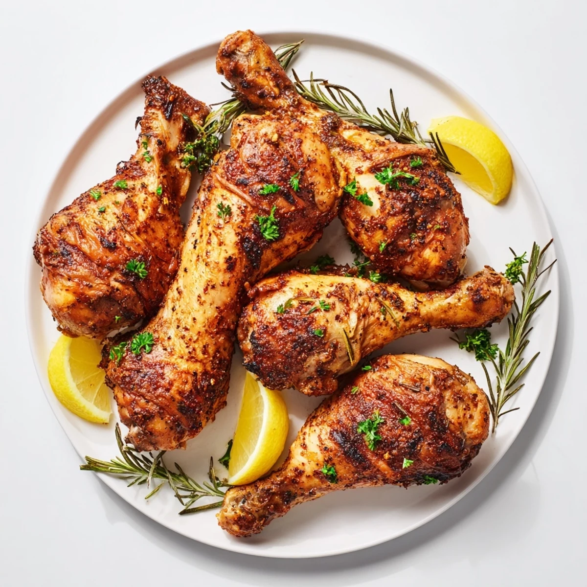 Golden-brown Roasted Chicken Legs, juicy and tender, ready to serve with fresh parsley garnish.