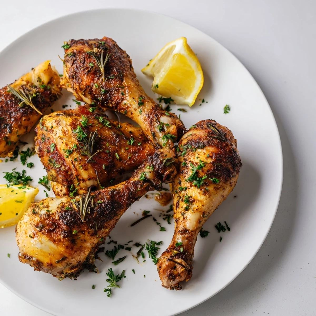 Imagine perfectly roasted Chicken Legs, flavorful, smoky, and delicious, presented with lemon wedges.
