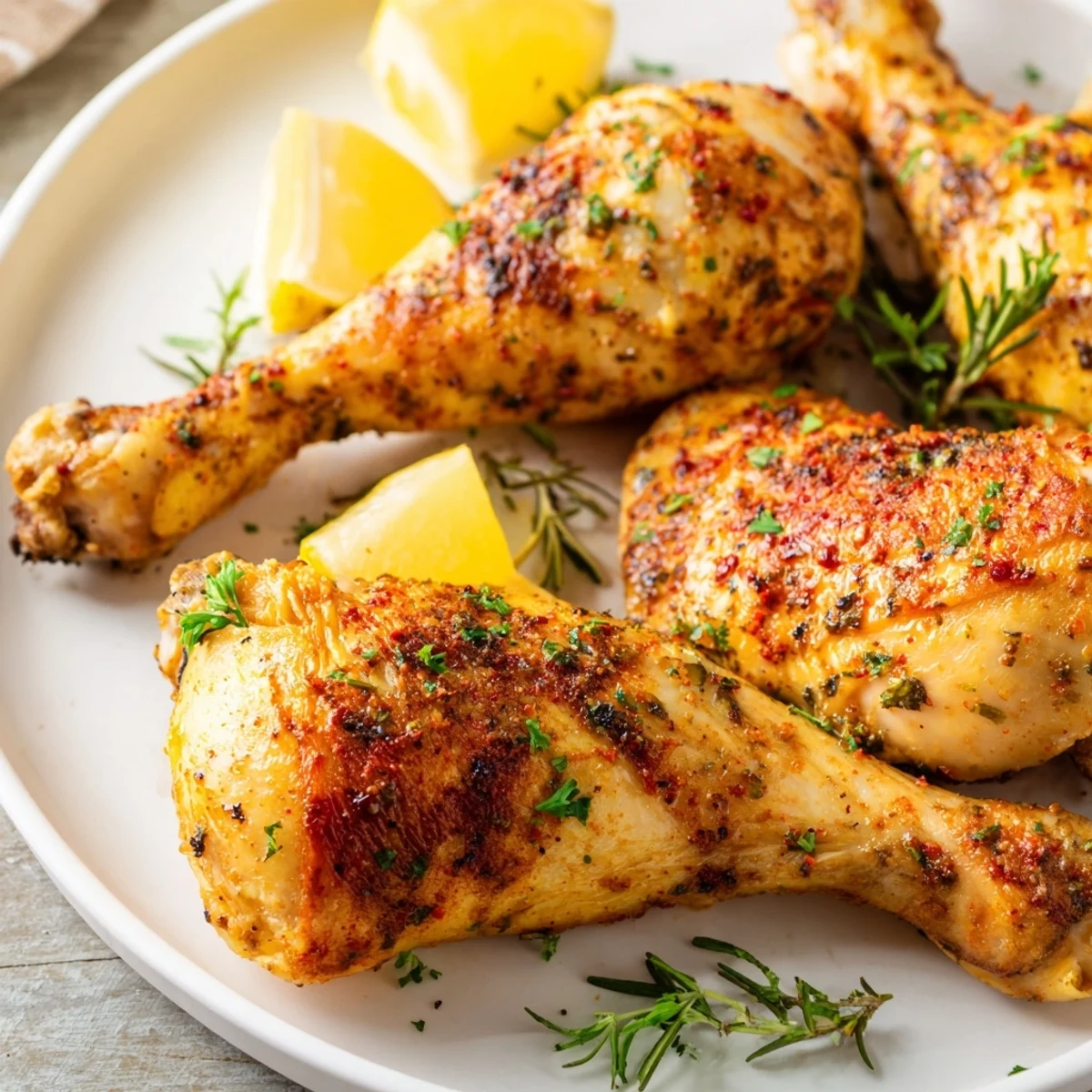 Crispy-skinned Roasted Chicken Legs glistening with herbs, offering a flavorful, satisfying meal.