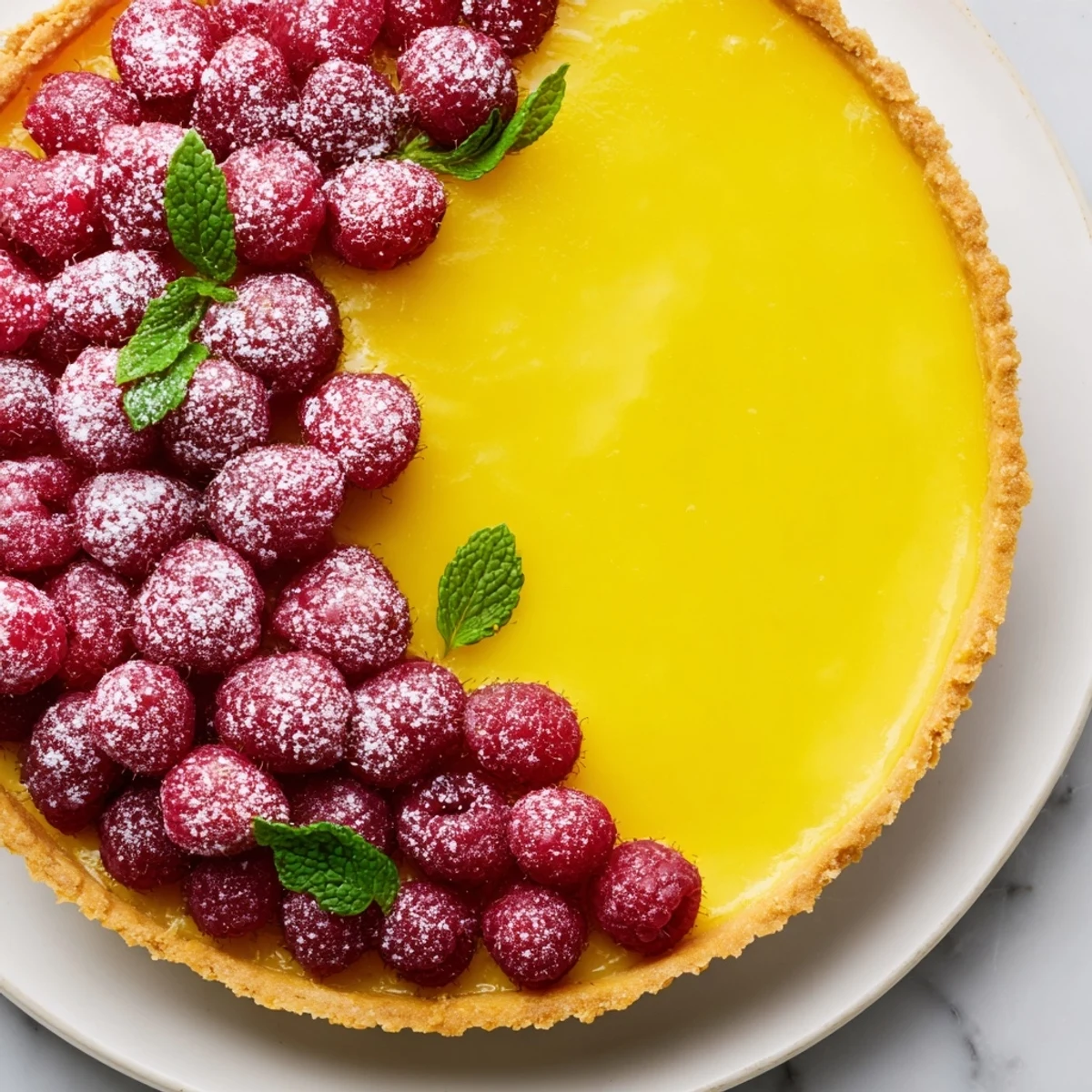 Close-up of a rustic Lemon Tart with Raspberries, showcasing its bright flavors and delightful textures.