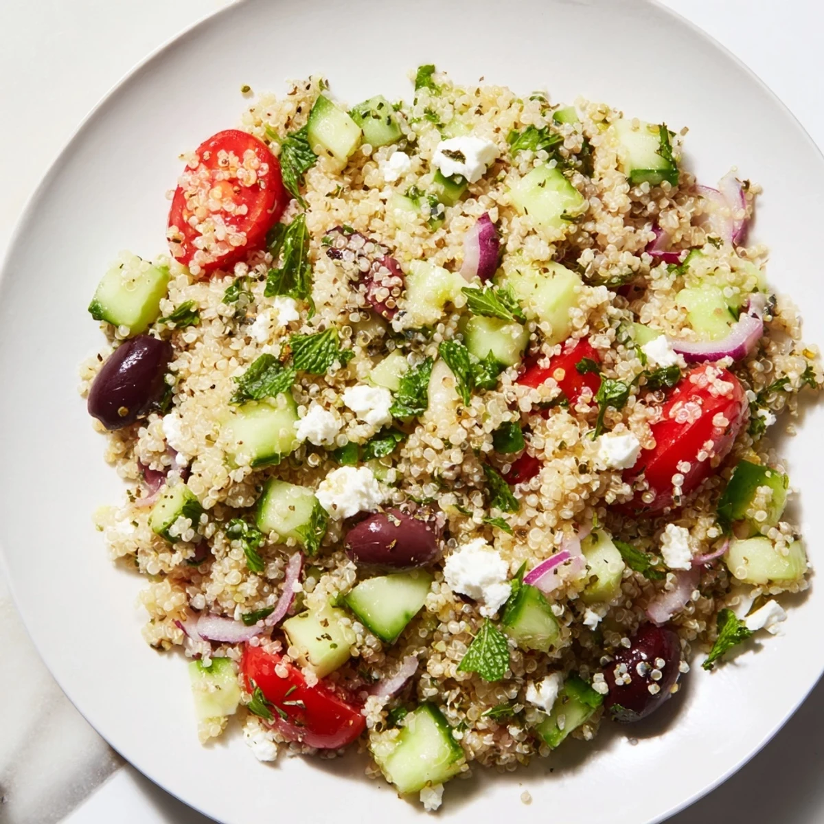 A refreshing bowl of Mediterranean Quinoa Salad with cucumber, tomatoes, and herbs ready to enjoy.