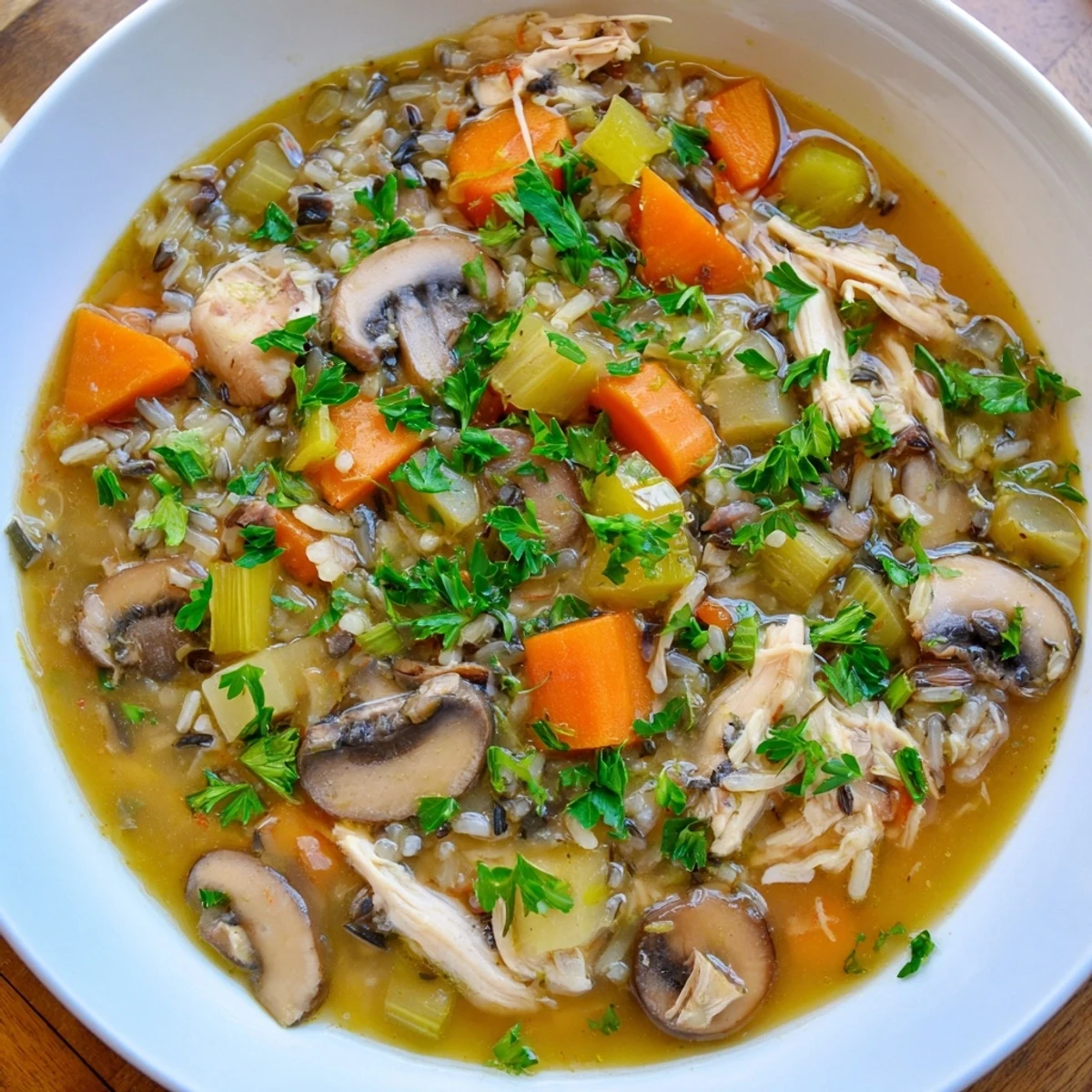 A warm bowl of the flavorful Instant Pot Chicken and Wild Rice Soup, perfect on a chilly day.