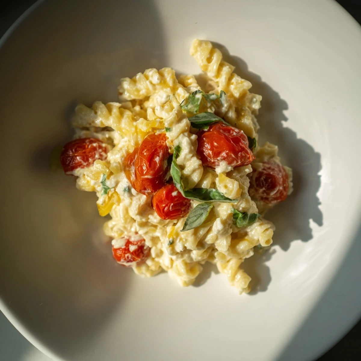 Golden-brown Baked Feta Pasta, with roasted cherry tomatoes and creamy feta cheese.