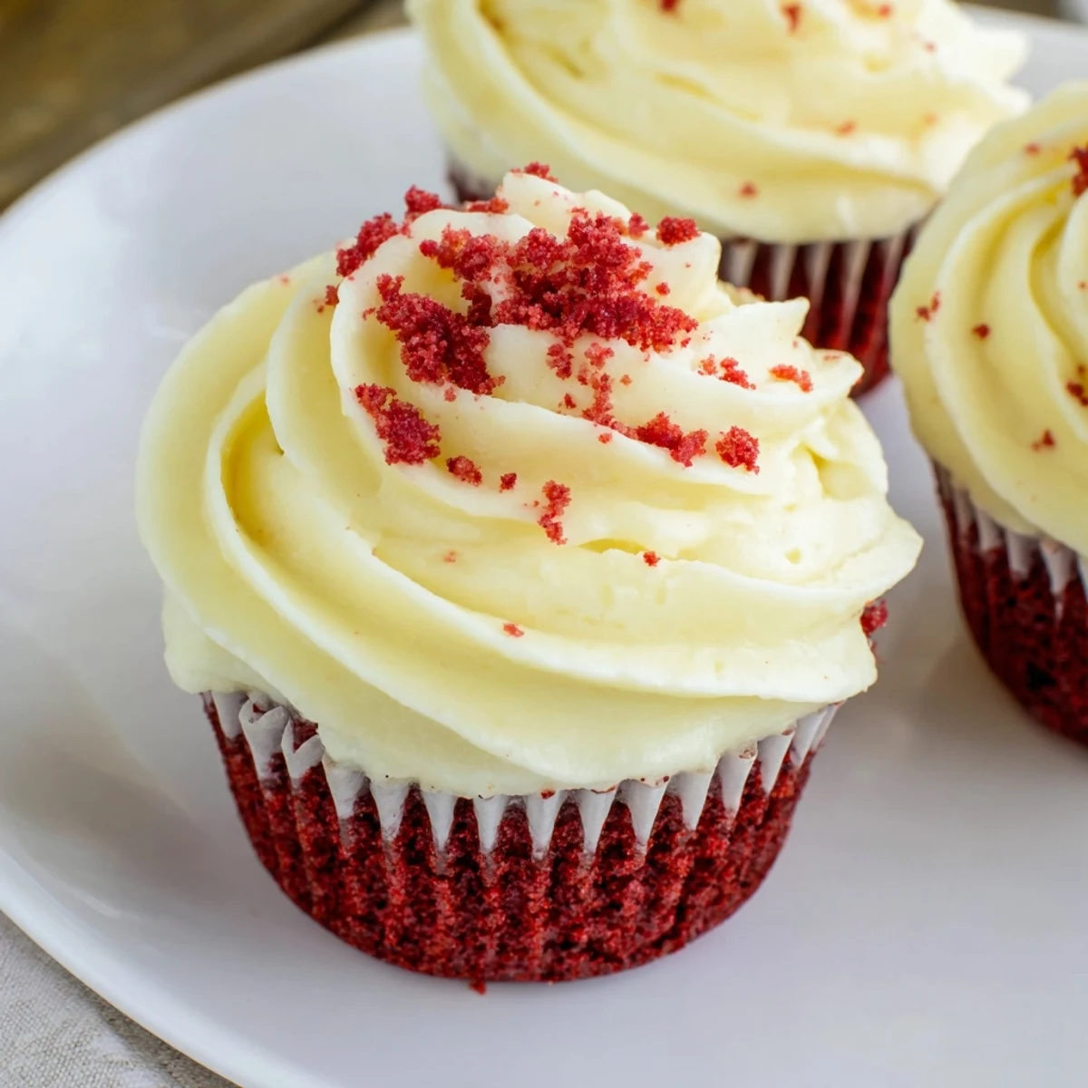 Fluffy red velvet cupcakes with creamy cream cheese frosting, perfect for any celebration.