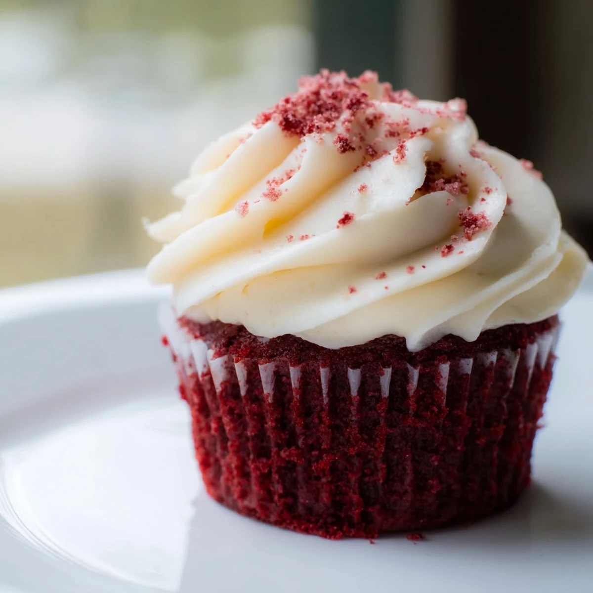 A close-up of delicious red velvet cupcakes, frosted and ready to enjoy with a bite.