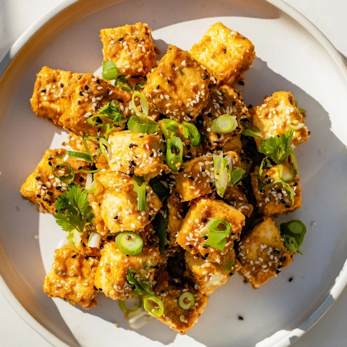 Golden, crispy baked tofu generously coated in rich, flavorful peanut sauce.