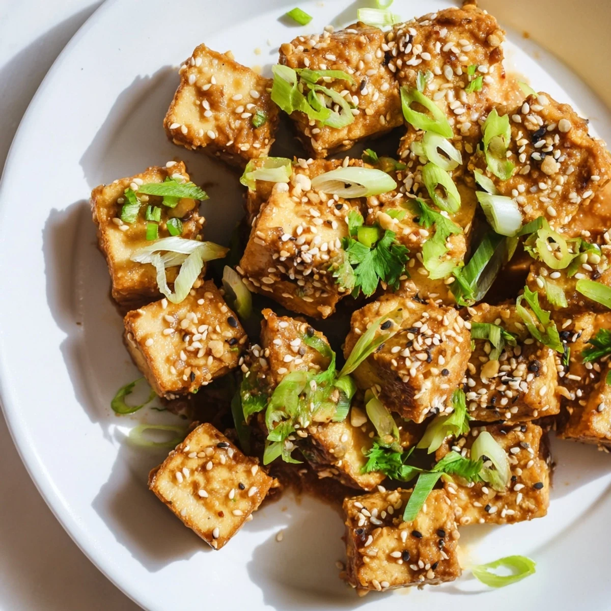 Beautiful close-up of Crispy Baked Tofu with a drizzle of its creamy peanut sauce.