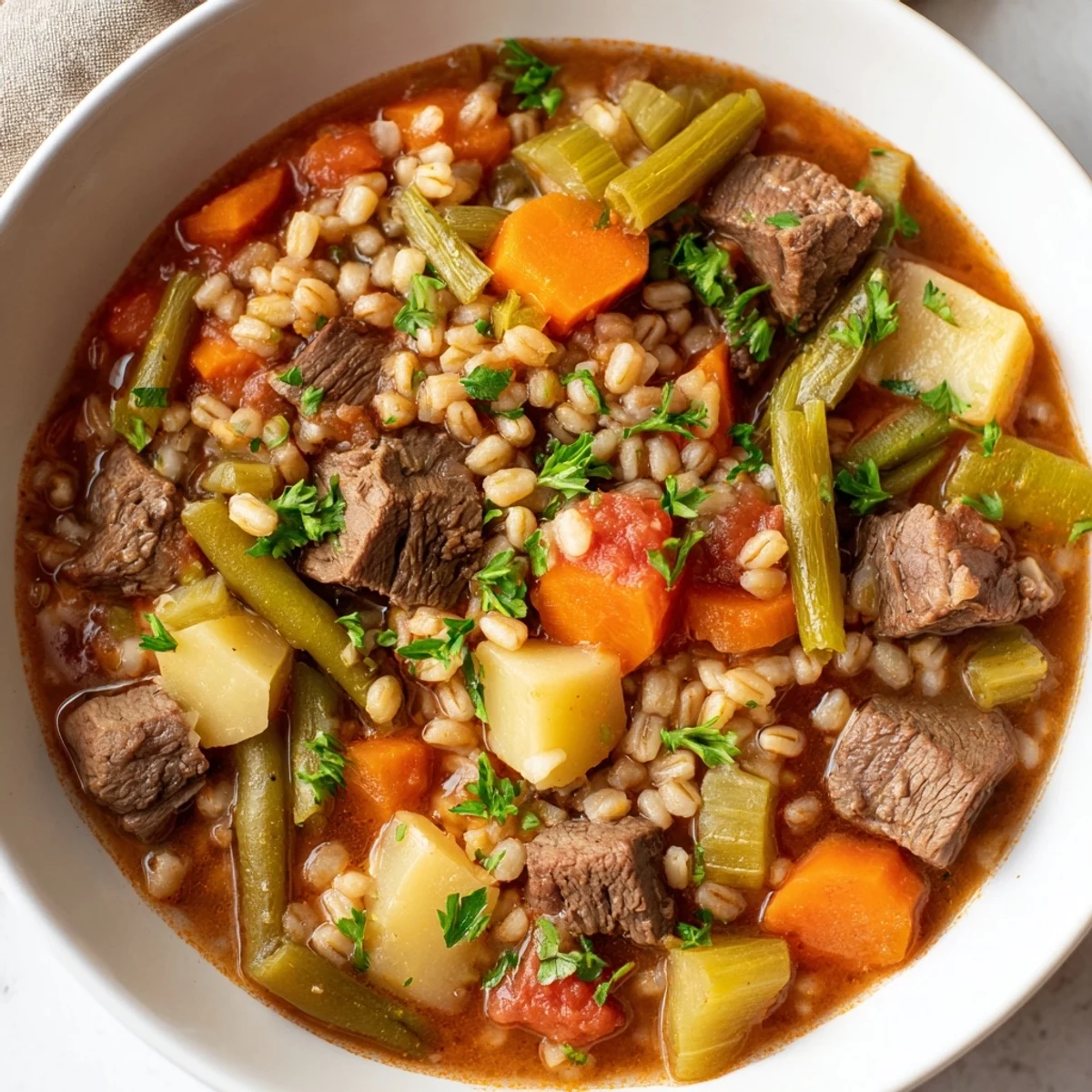 A steaming bowl of Hearty Beef and Barley Vegetable Stew, showcasing tender beef and savory vegetables.
