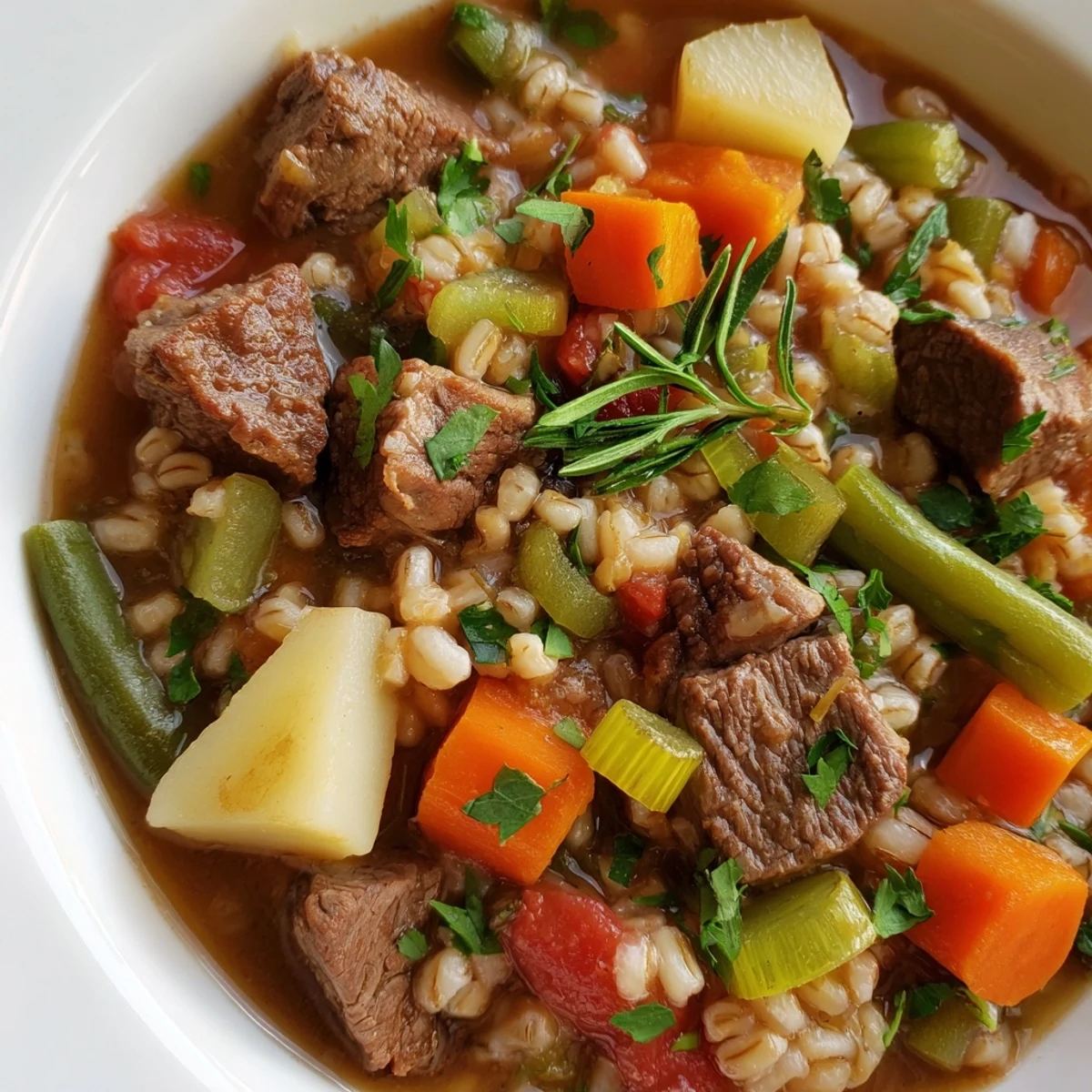 This photo features a close-up of the Hearty Beef and Barley Vegetable Stew, garnished with fresh parsley.