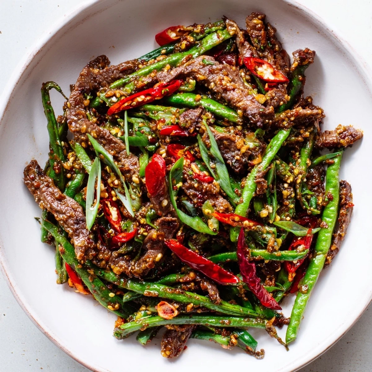 Imagine the spicy aroma: Szechuan Green Beans with perfectly seared beef, ready to be enjoyed with rice.