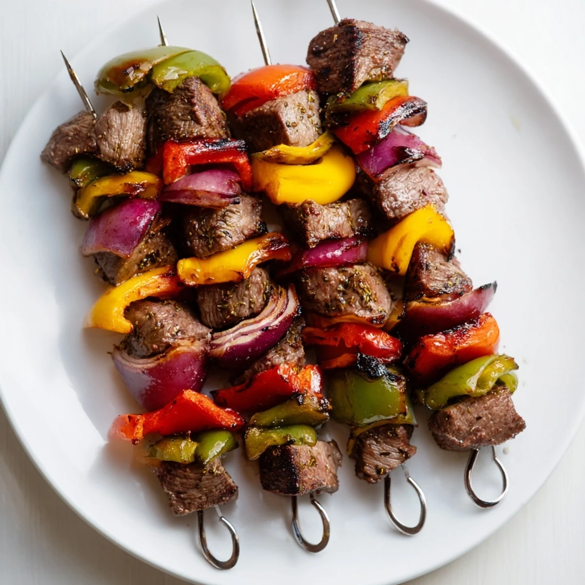 Savory beef kebabs, marinated and sizzling on the grill with aromatic onions and bell peppers.