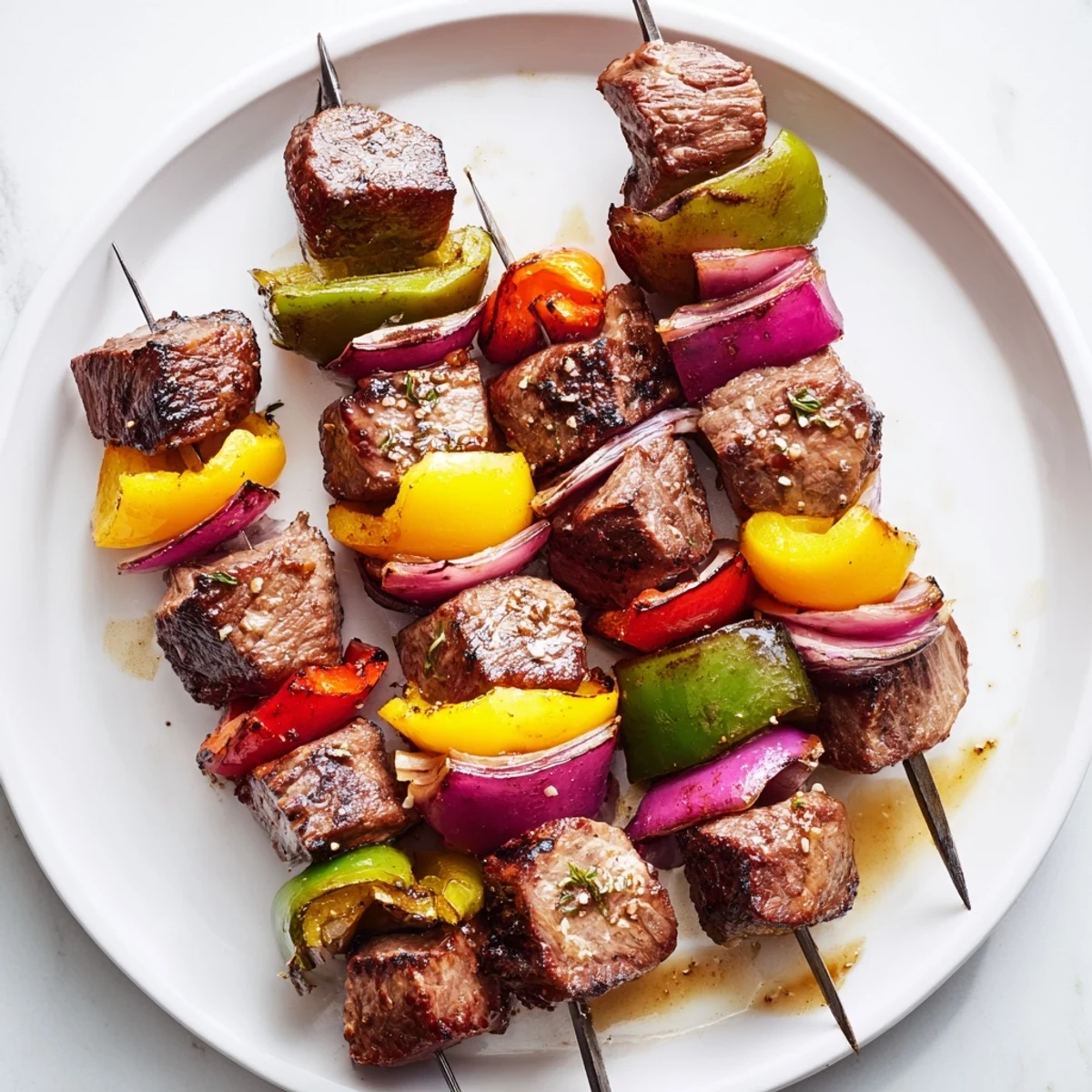 Skewered beef kebabs featuring tender sirloin and colorful vegetables, ready to grill to perfection.
