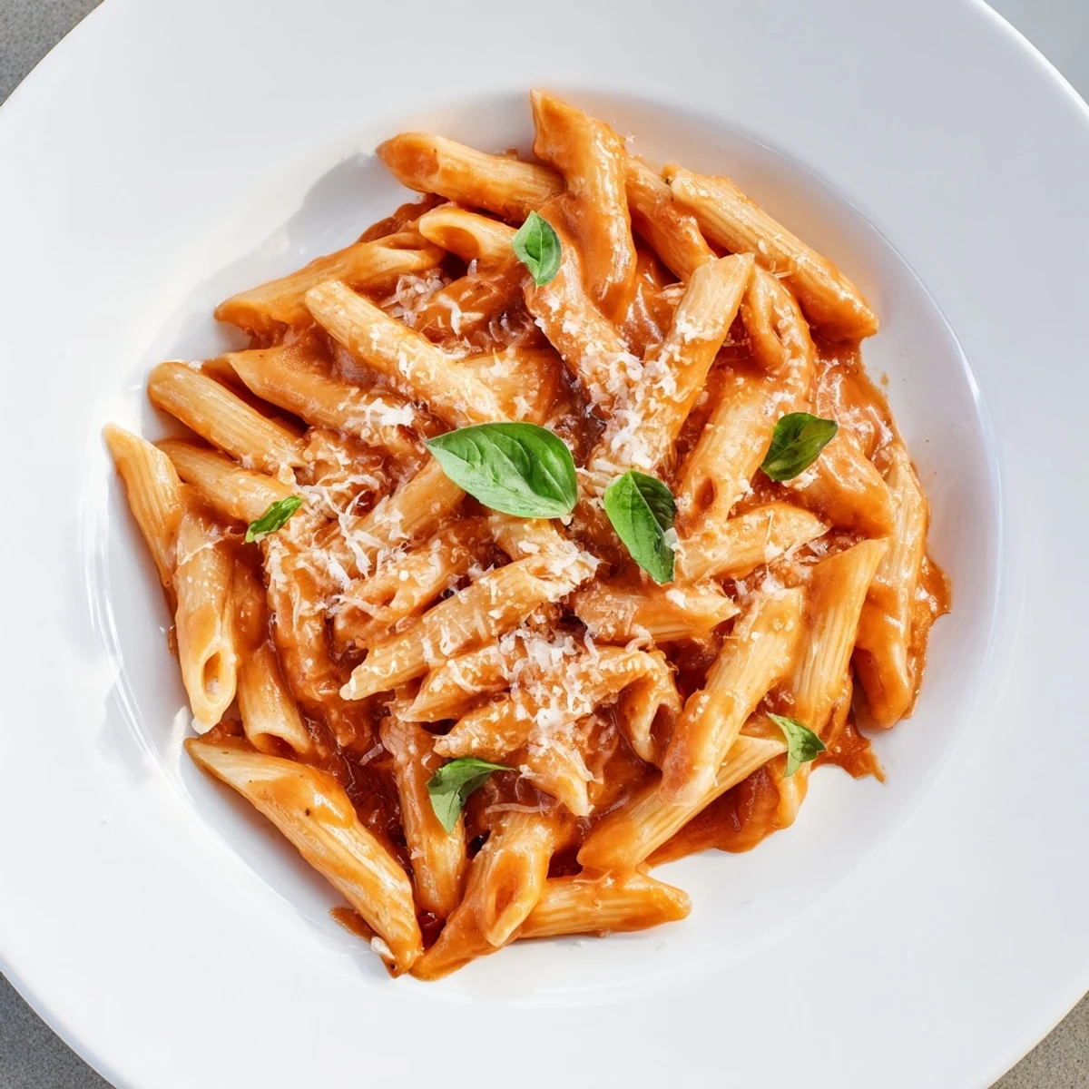 A close-up of creamy tomato pasta swirling with sauce and fresh basil, ready to eat.