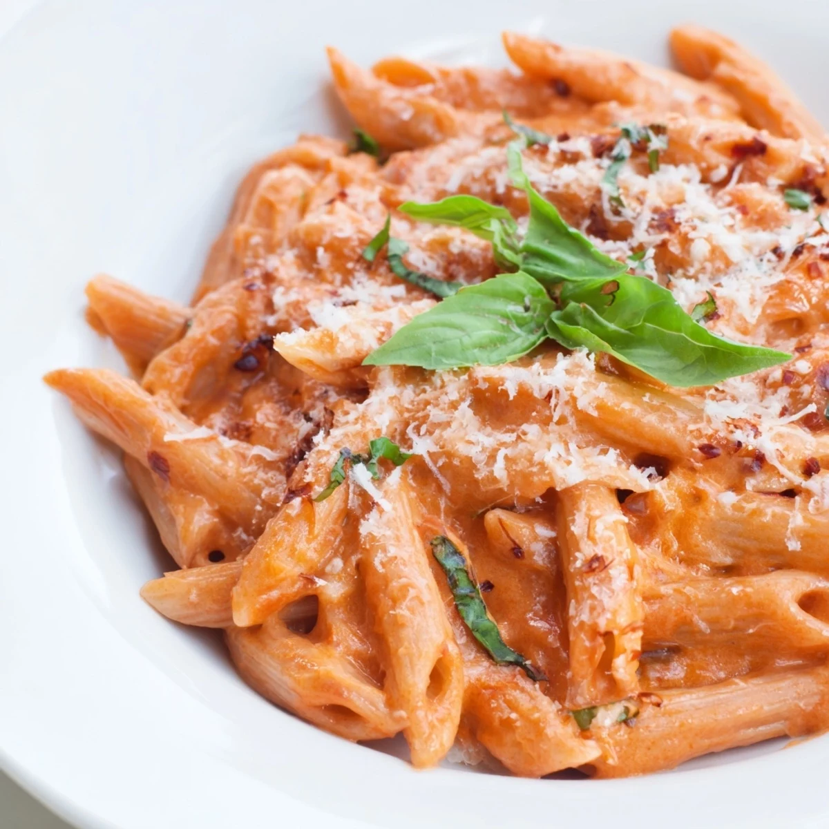 Delicious creamy tomato pasta, perfectly plated, with vibrant basil leaves and Parmesan cheese—a flavorful meal.