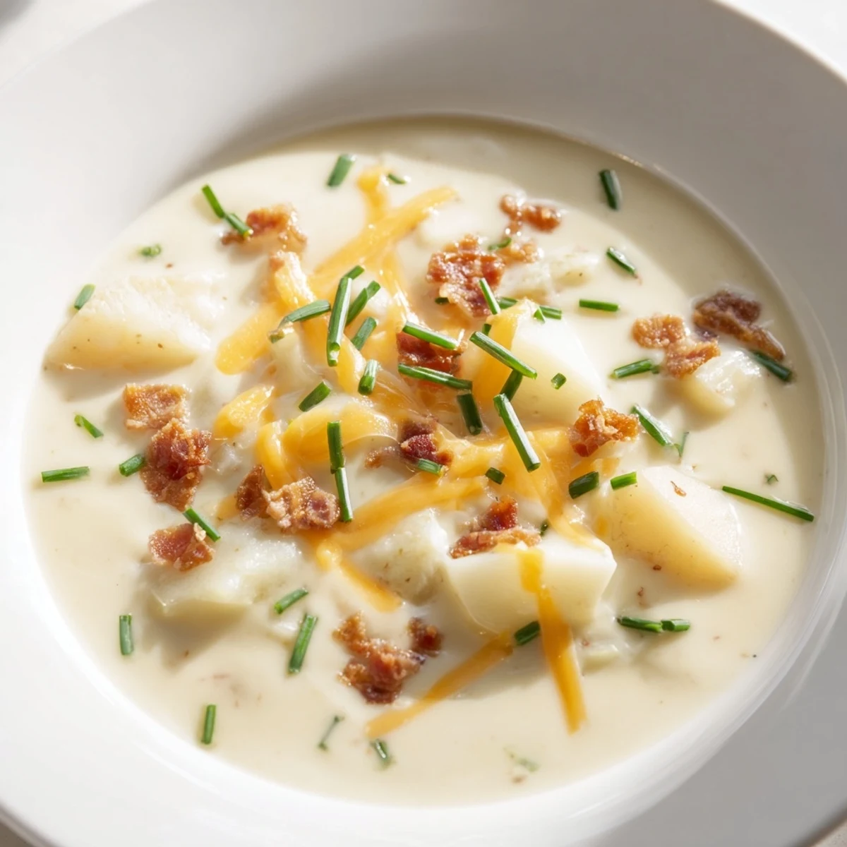 A hearty bowl of creamy potato soup, garnished with chives and crispy halal turkey bacon.