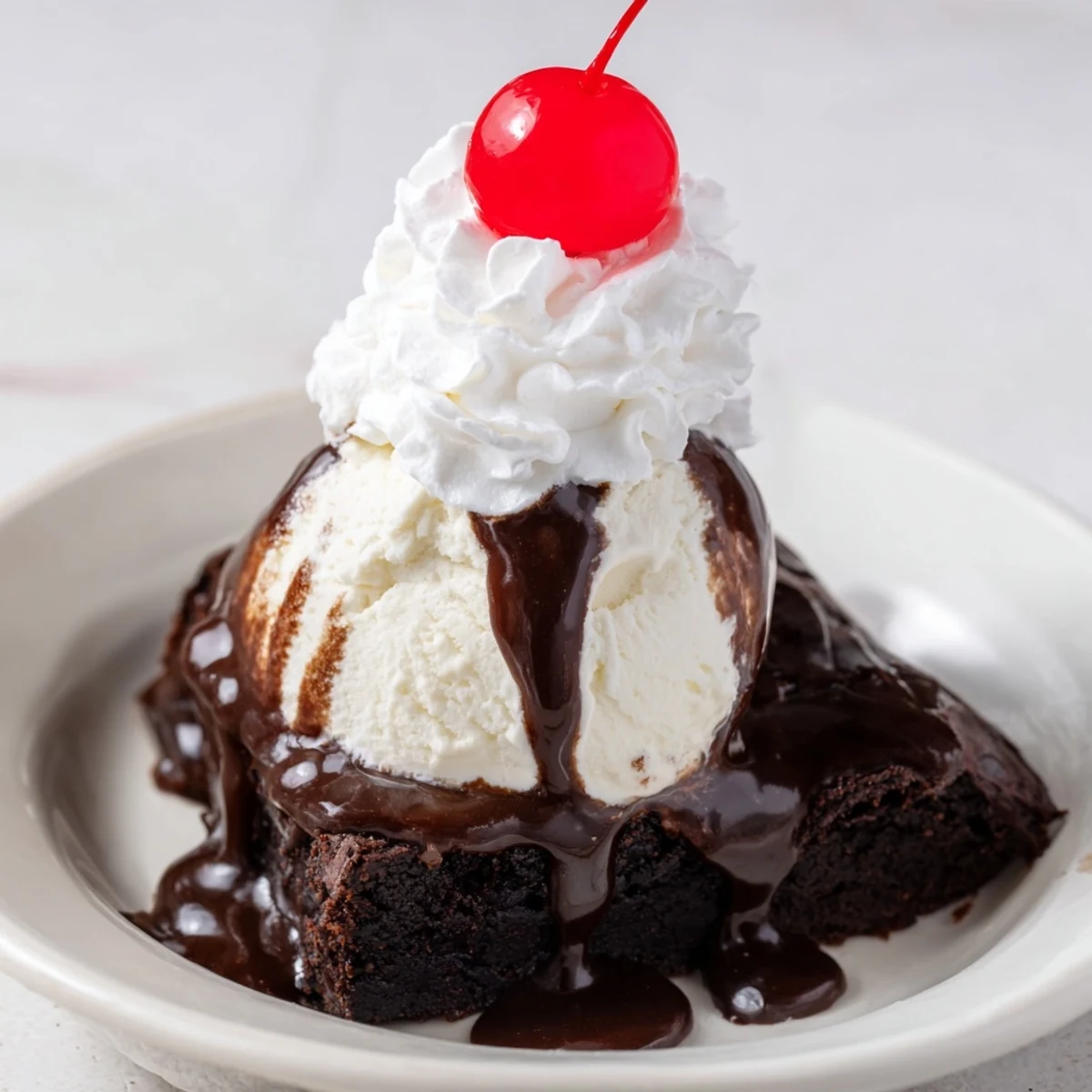A close-up of a perfect Chocolate Brownie Sundae: thick brownie, melting ice cream, and drippy hot fudge.