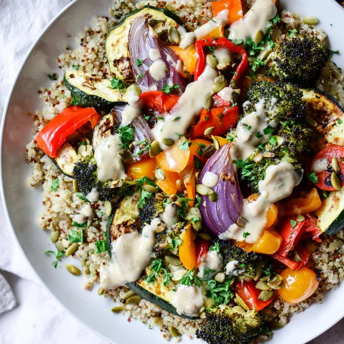 A colorful Roasted Vegetable Quinoa Bowl with tender, vibrant roasted vegetables and creamy dressing.