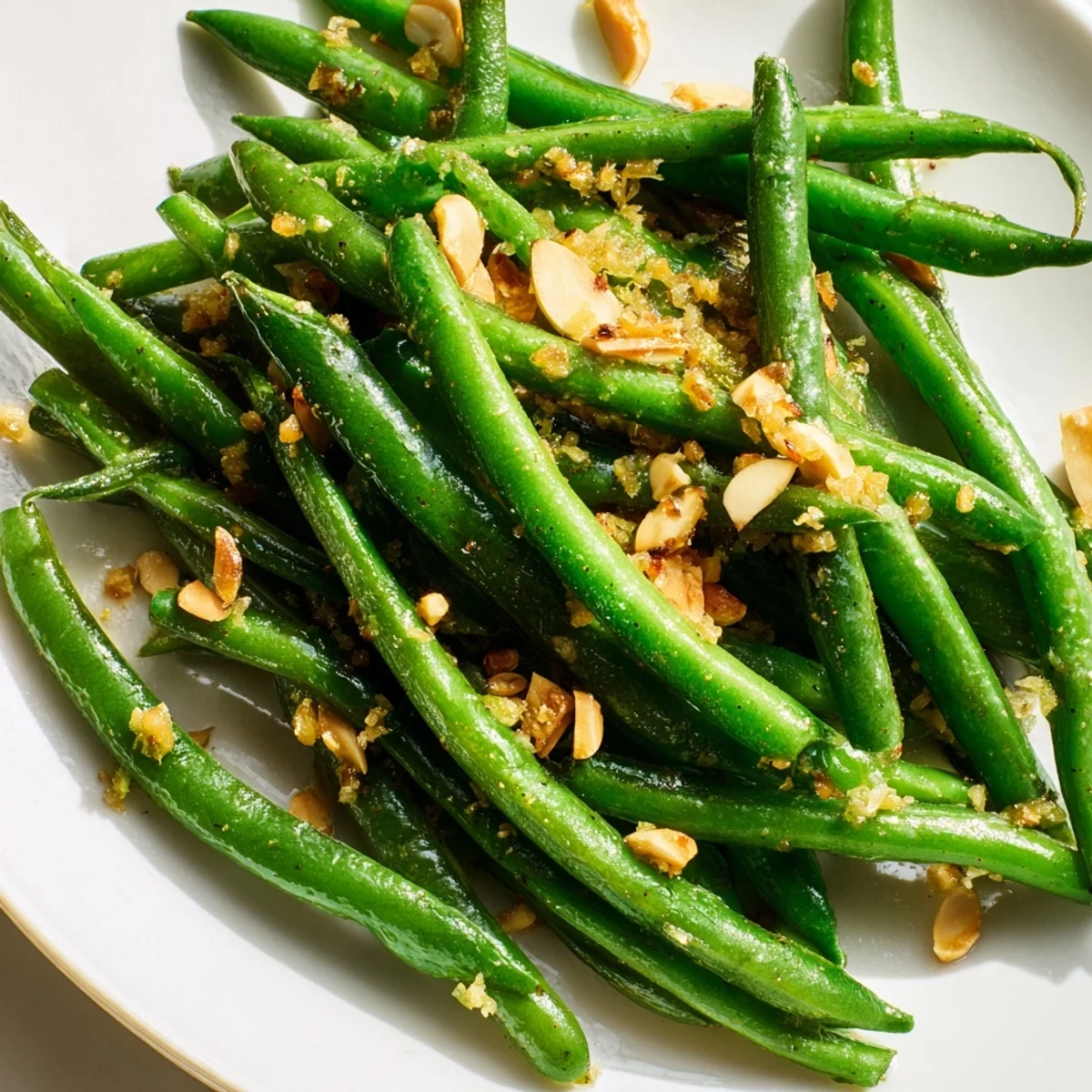 Vibrant plate of Lemon Garlic Green Beans with Almonds, bursting with fresh, bright flavors ready to serve.