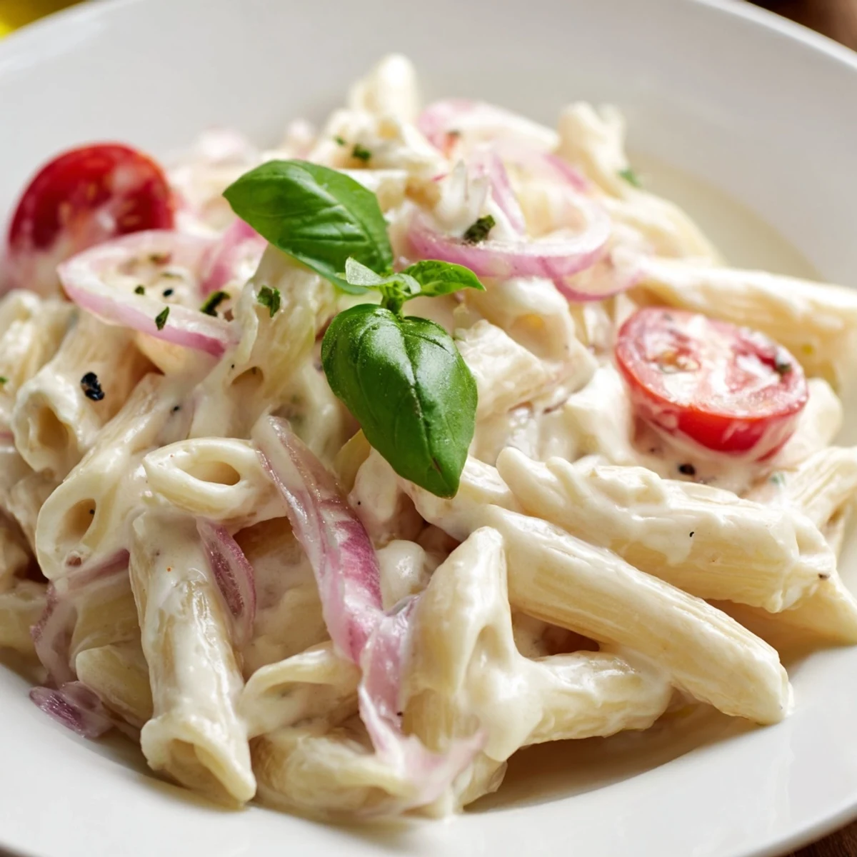 Serving suggestion for Baked Feta Pasta with Cherry Tomatoes and Basil, garnished with torn basil and red pepper flakes, ready to eat.